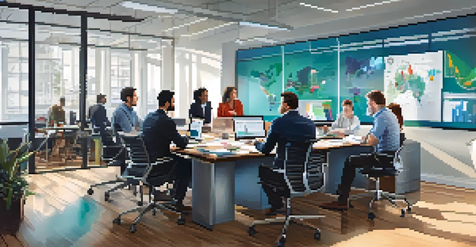 A diverse team of professionals in a modern office discussing KPIs around a table, with colorful charts on a whiteboard.