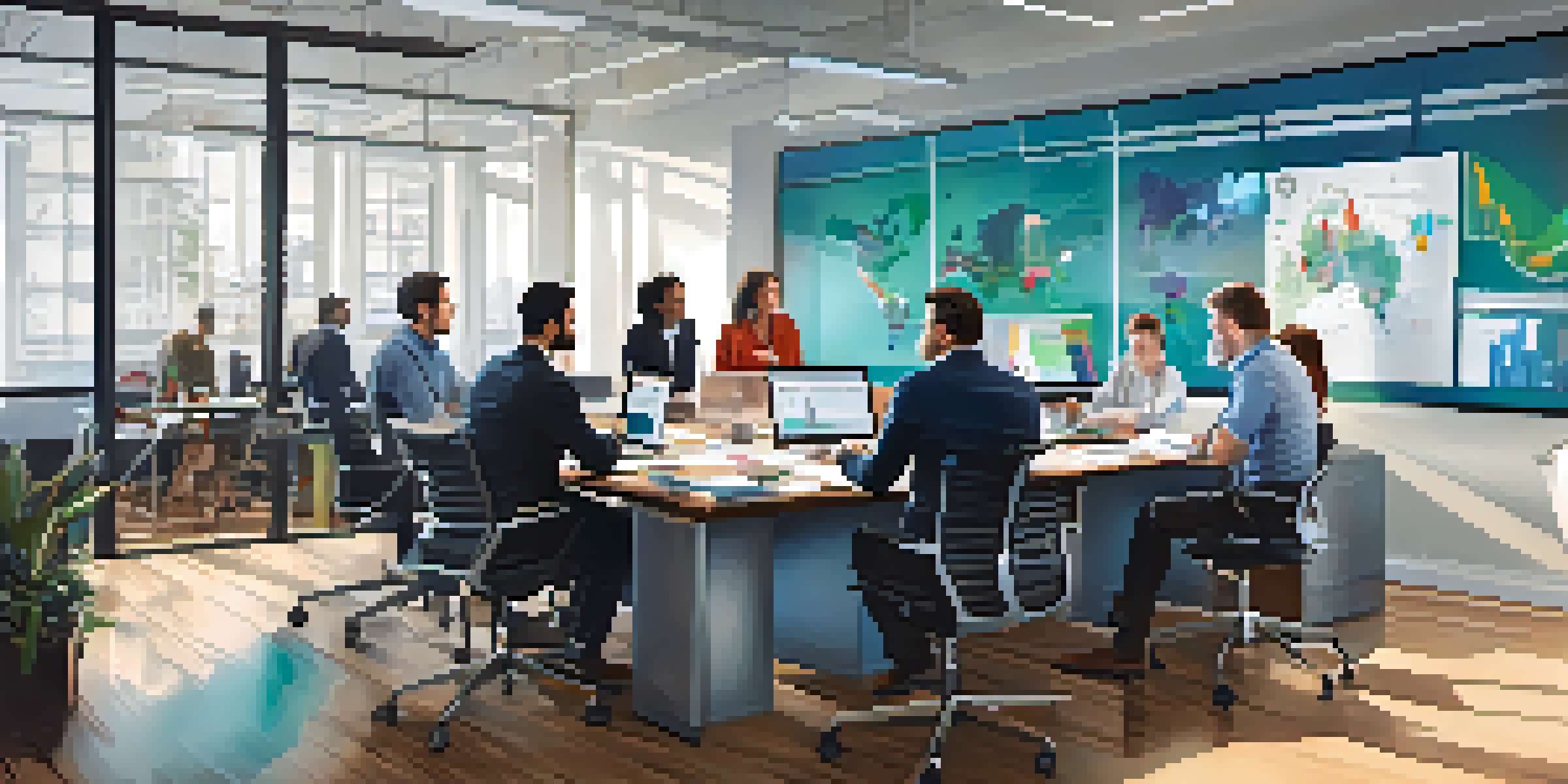 A diverse team of professionals in a modern office discussing KPIs around a table, with colorful charts on a whiteboard.
