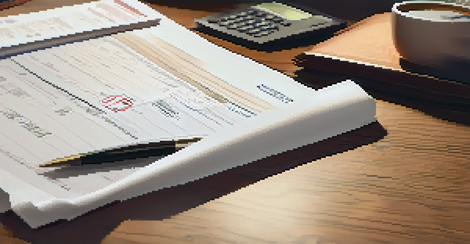 A close-up of a shipping document on a wooden desk, with a pen, calculator, and a cup of coffee.