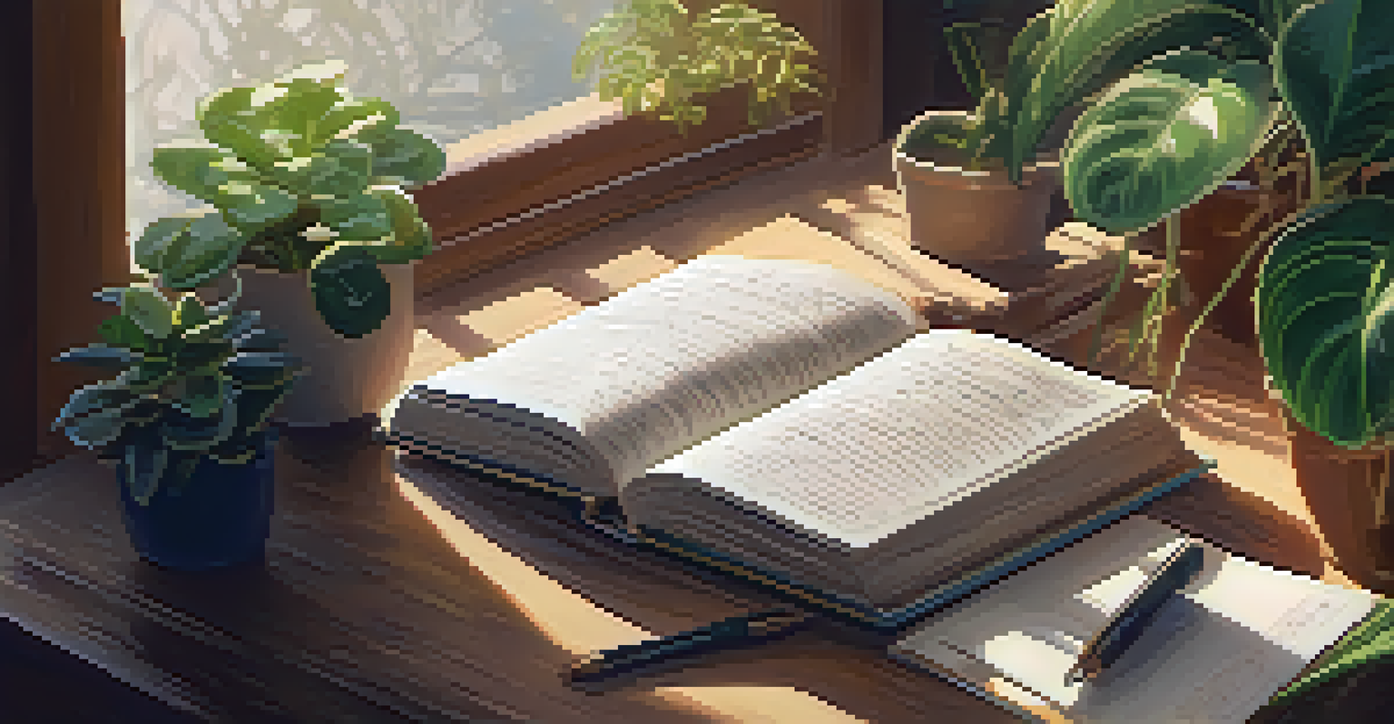 A close-up of a person journaling at a wooden desk with plants around, focusing on emotional self-reflection.