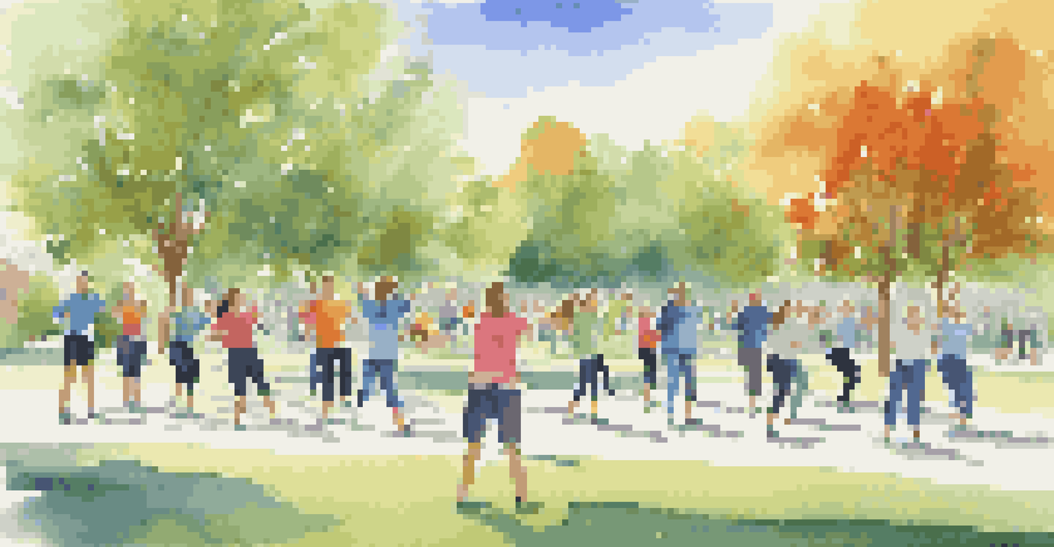 Employees engaging in a group exercise session in a park, showcasing teamwork and fun.