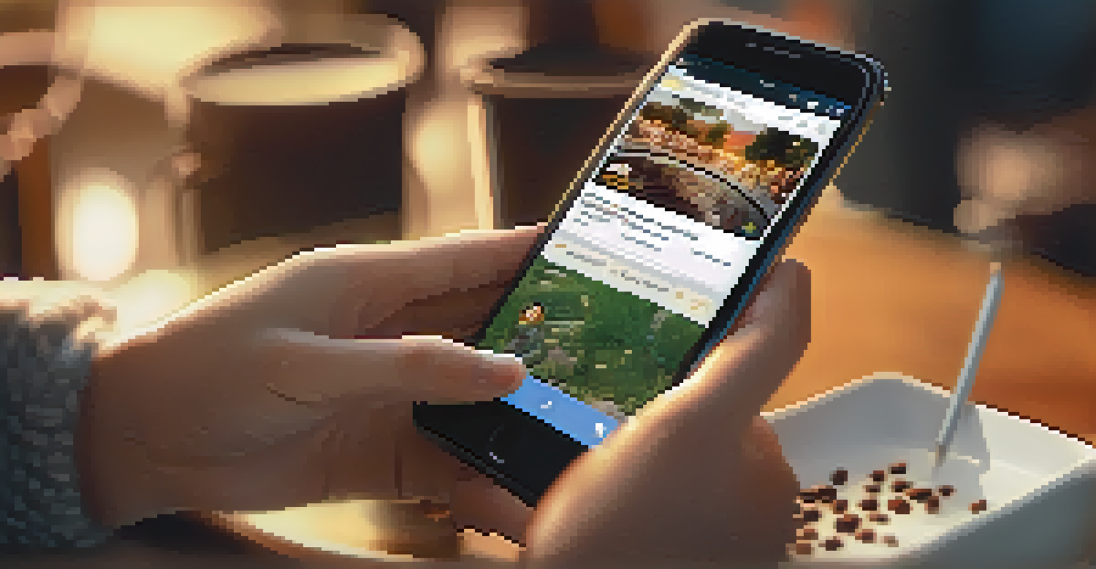 A close-up view of a hand using a smartphone to engage with positive feedback on social media in a cozy coffee shop.