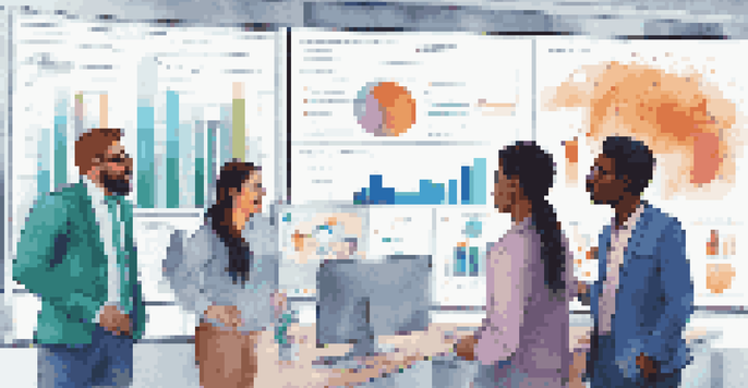 A diverse group of people in an office discussing data analytics for impact investing, with graphs on a screen.