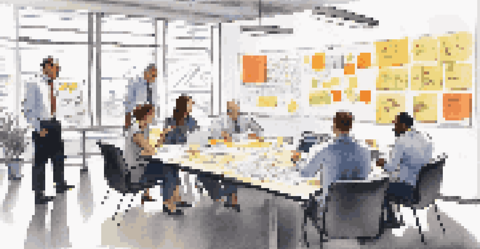 A diverse team of professionals collaborating on a strategic plan in an office environment.