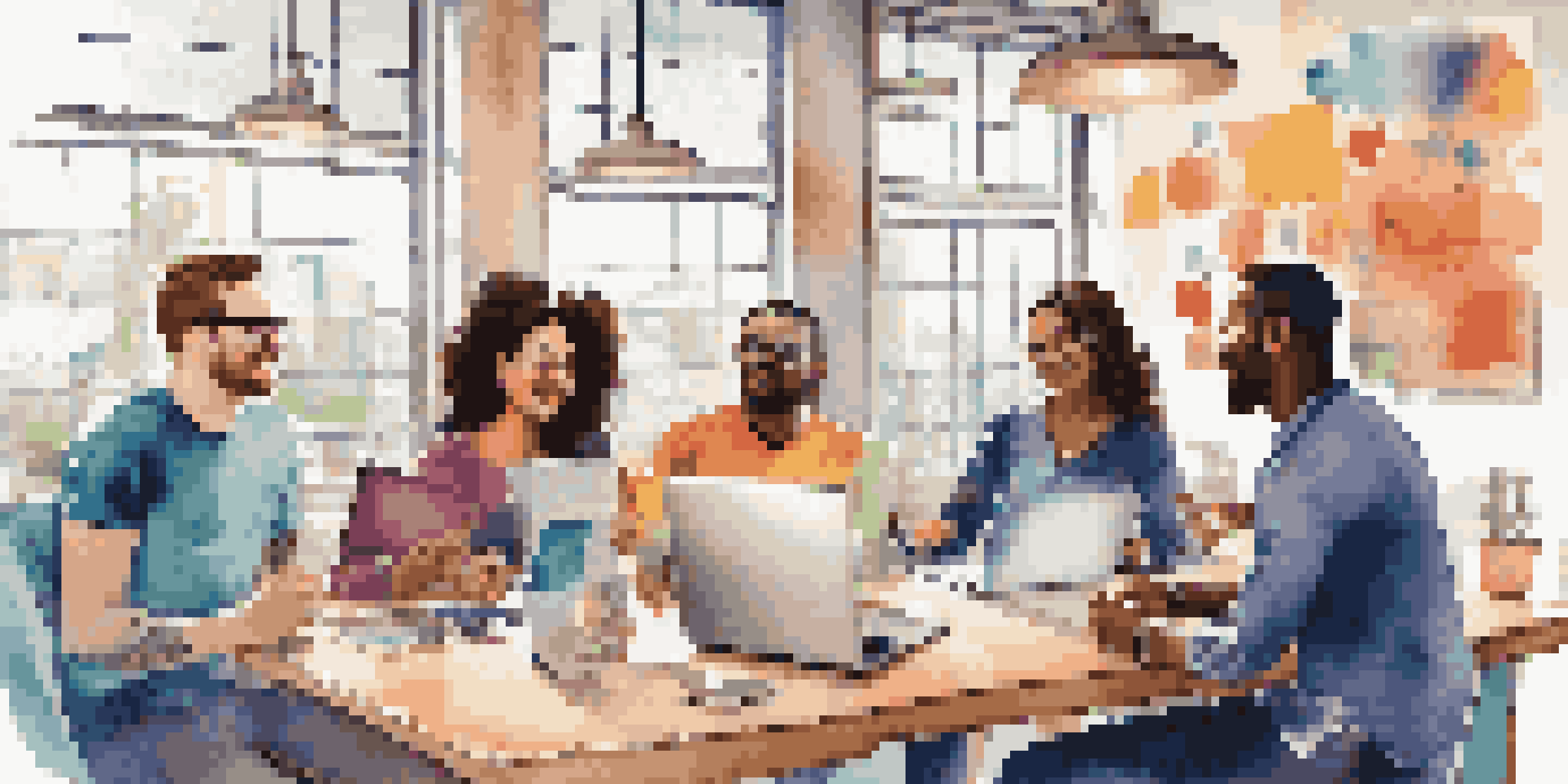 A diverse group of individuals collaborating on social media marketing strategies at a table, surrounded by laptops and colorful materials, with natural light streaming in.