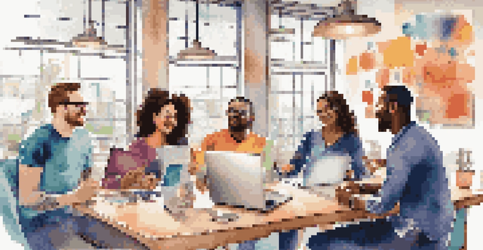 A diverse group of individuals collaborating on social media marketing strategies at a table, surrounded by laptops and colorful materials, with natural light streaming in.