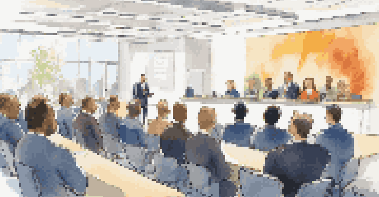 A corporate leader addressing employees about ethical awareness in a bright conference room with motivational quotes on screens.