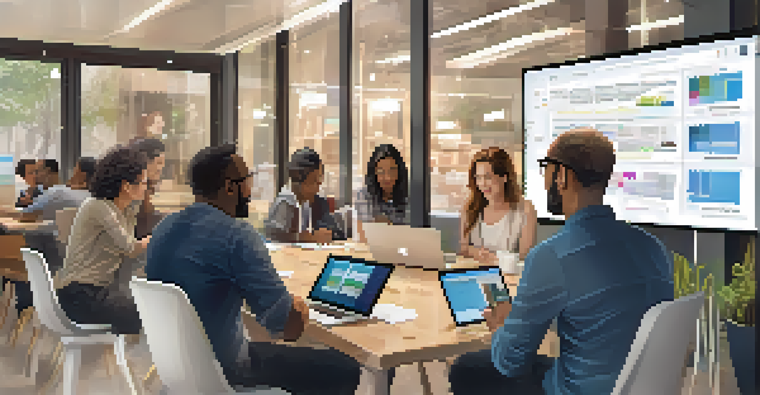 A diverse group of people discussing customer feedback around a table with digital devices.
