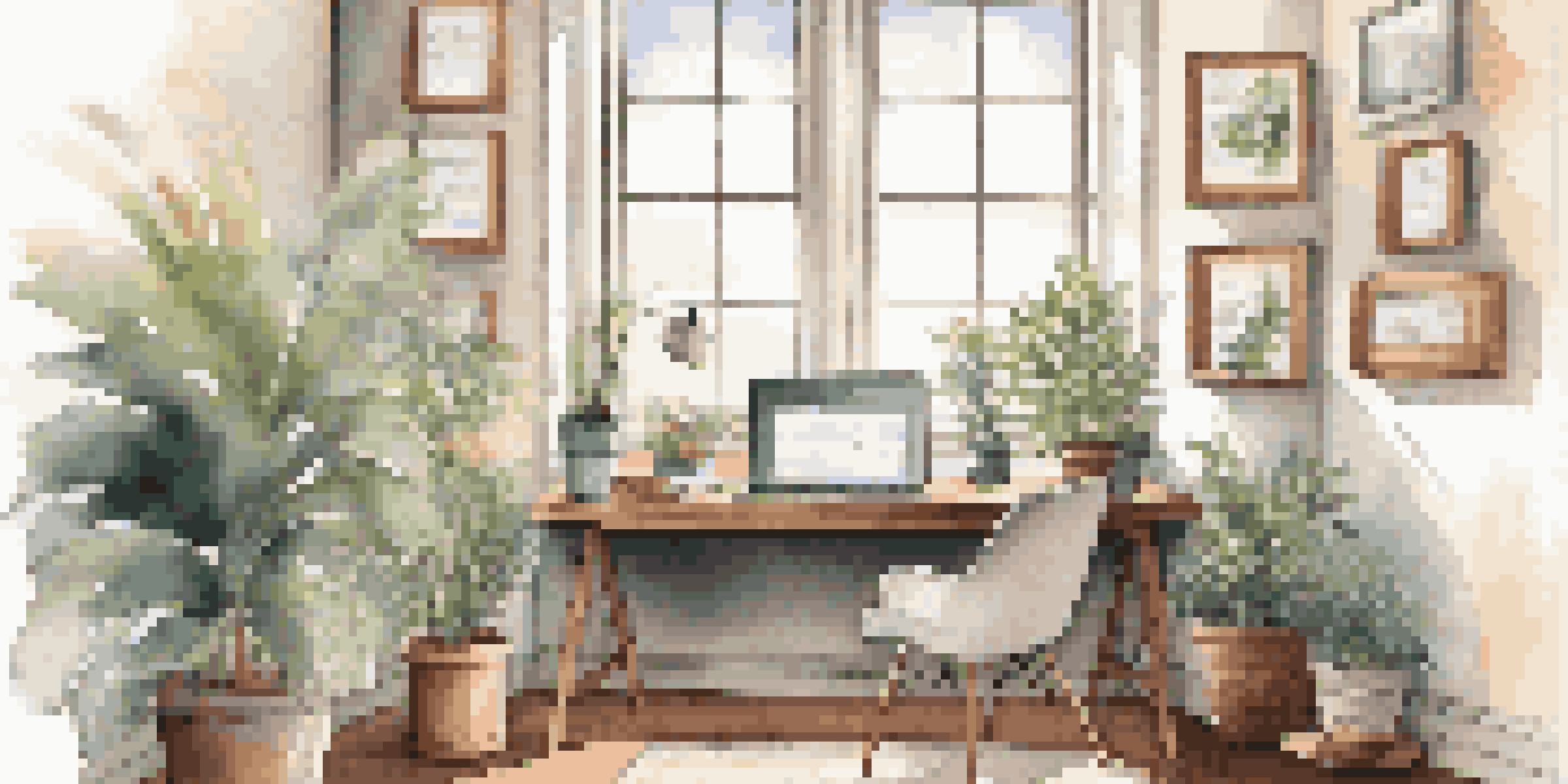 A cozy office with a laptop, plants, and quotes about data privacy on the walls, illuminated by soft sunlight.