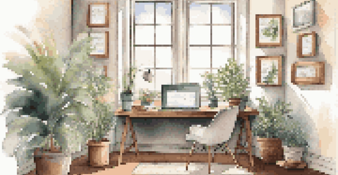A cozy office with a laptop, plants, and quotes about data privacy on the walls, illuminated by soft sunlight.