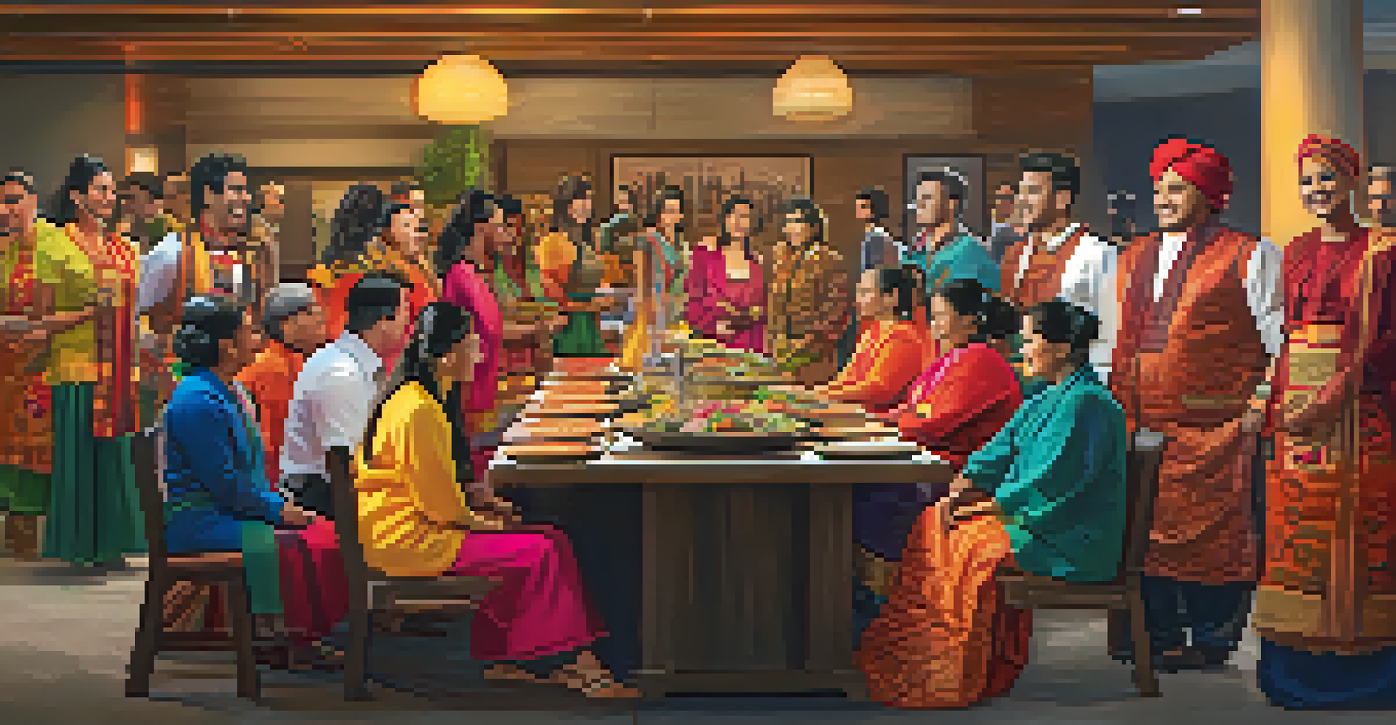 An inclusive workplace event showcasing cultural diversity with team members in traditional attire, sharing food and stories in a warmly lit environment.