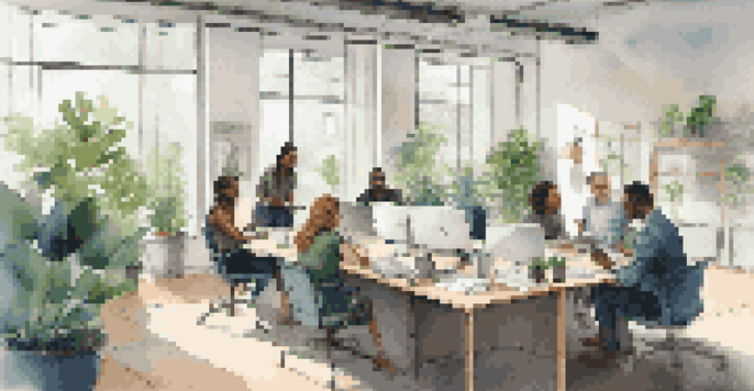 A diverse team of professionals in a bright office space engaging in a collaborative meeting around a modern table.