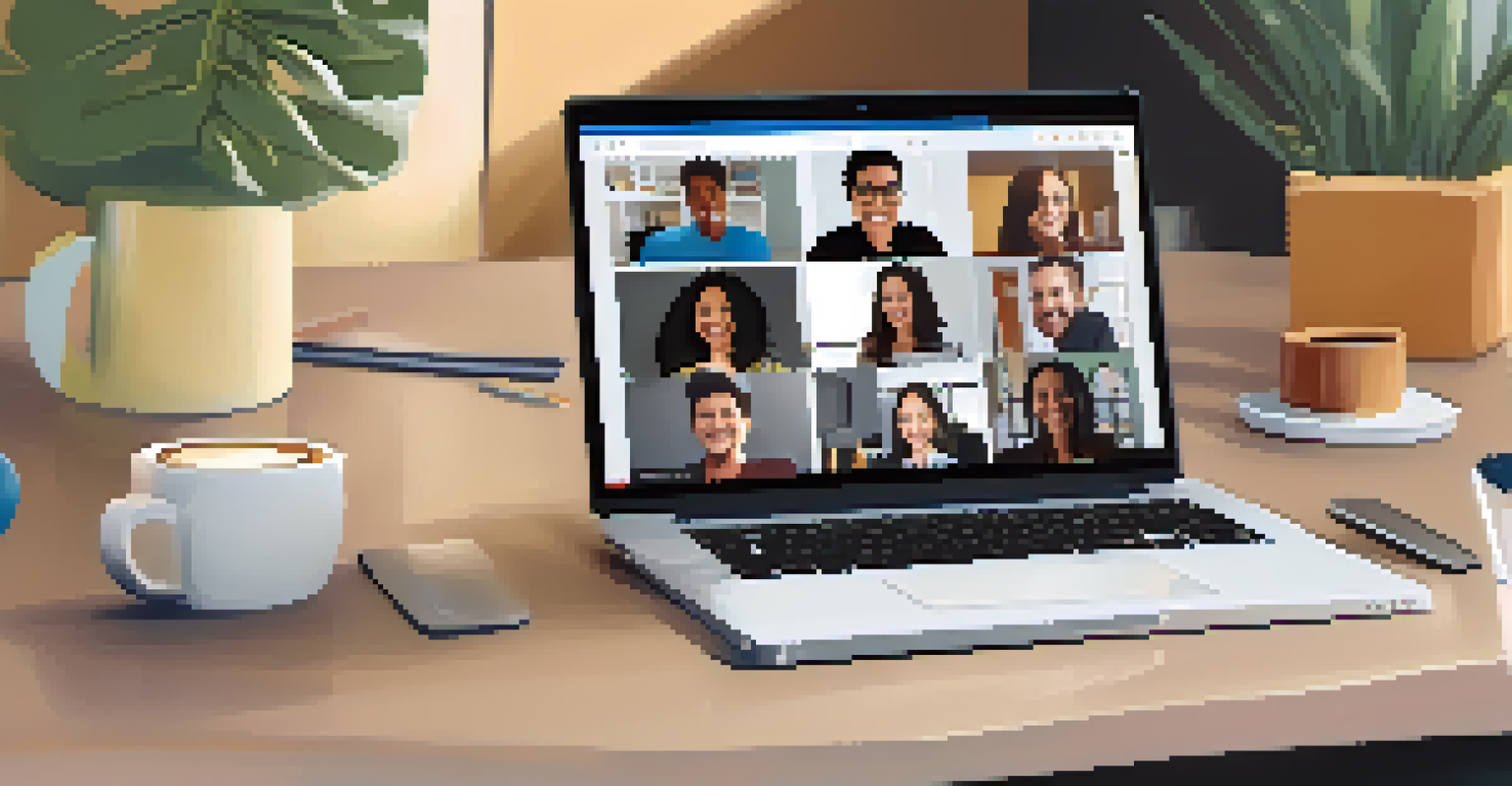 A close-up of a laptop screen showing a video conference with smiling team members, set in a cozy remote workspace with coffee mugs.