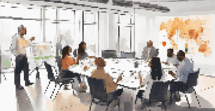 A diverse group of employees discussing change management in a bright conference room, with charts on a screen.