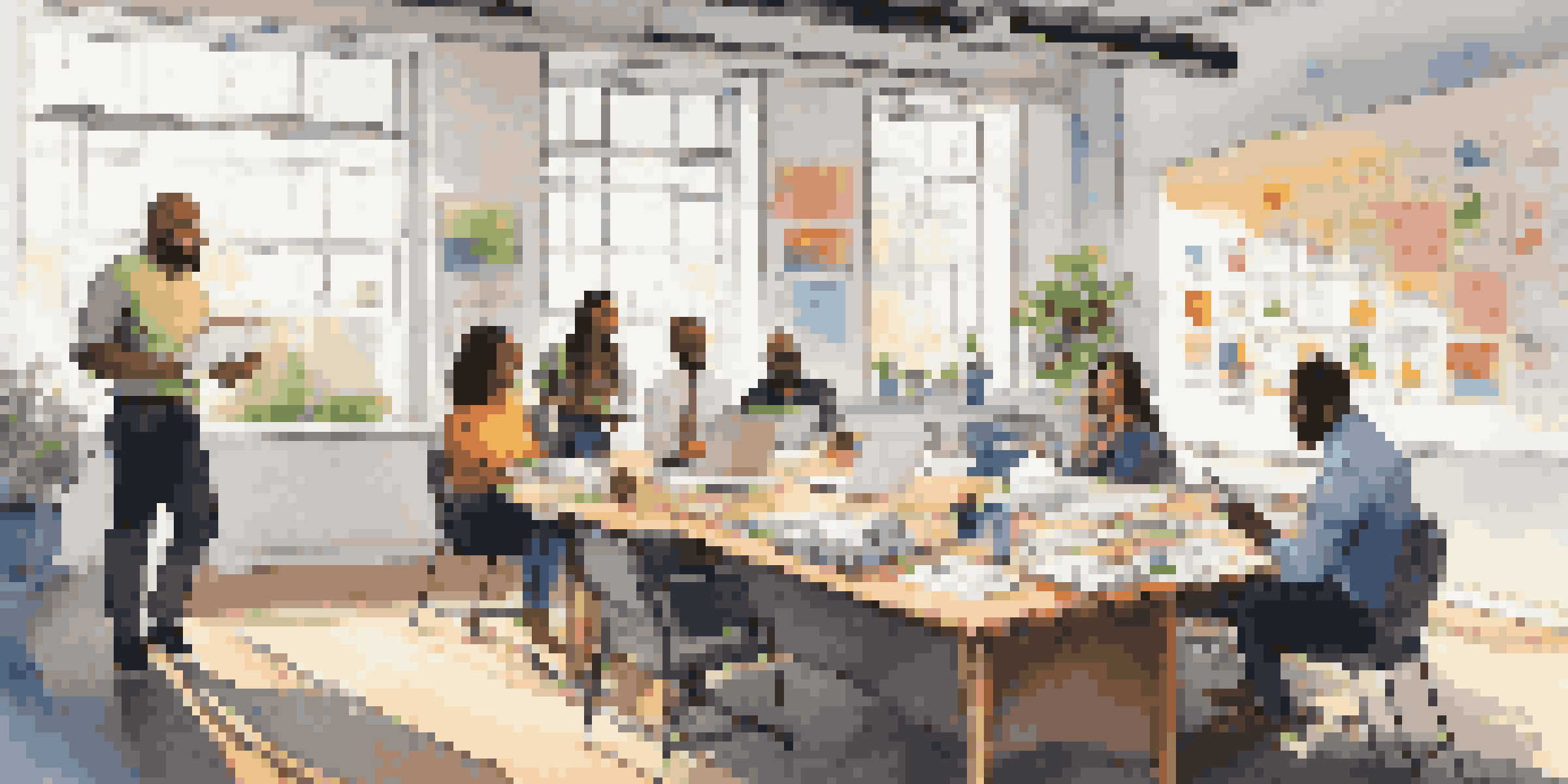 A diverse group of professionals brainstorming in a bright office filled with natural light, surrounded by notebooks and laptops.