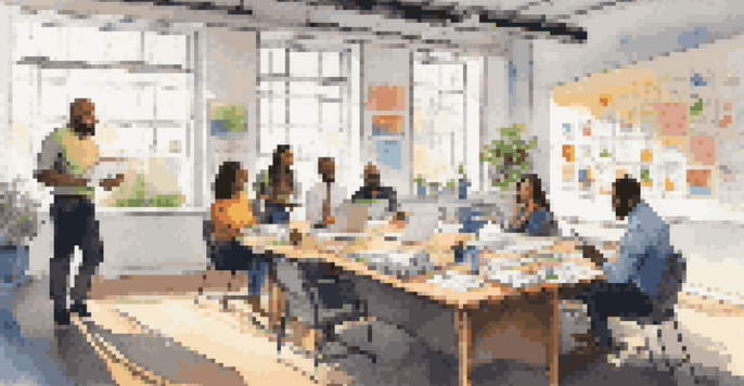 A diverse group of professionals brainstorming in a bright office filled with natural light, surrounded by notebooks and laptops.