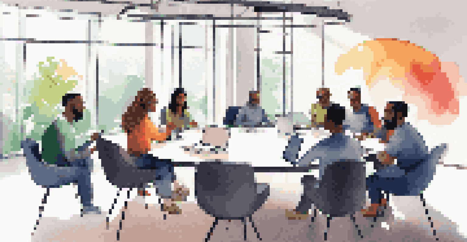 A diverse team discussing ideas around a round table in a modern office, with laptops and notebooks present.