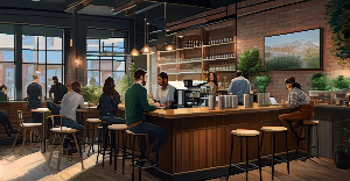 A bustling coffee shop with young professionals chatting and working on laptops, and a barista making drinks, all in a warm and inviting setting.