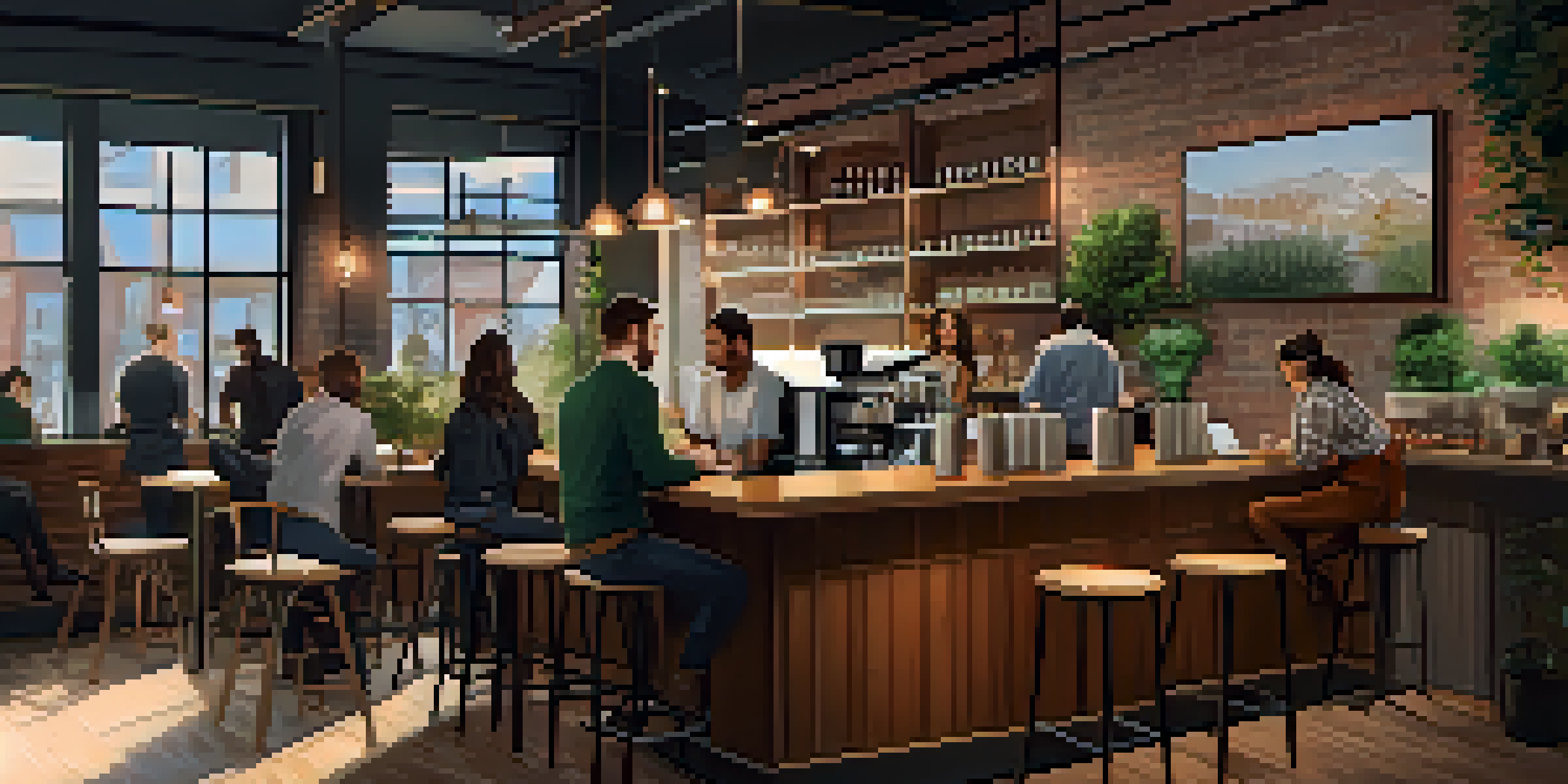 A bustling coffee shop with young professionals chatting and working on laptops, and a barista making drinks, all in a warm and inviting setting.