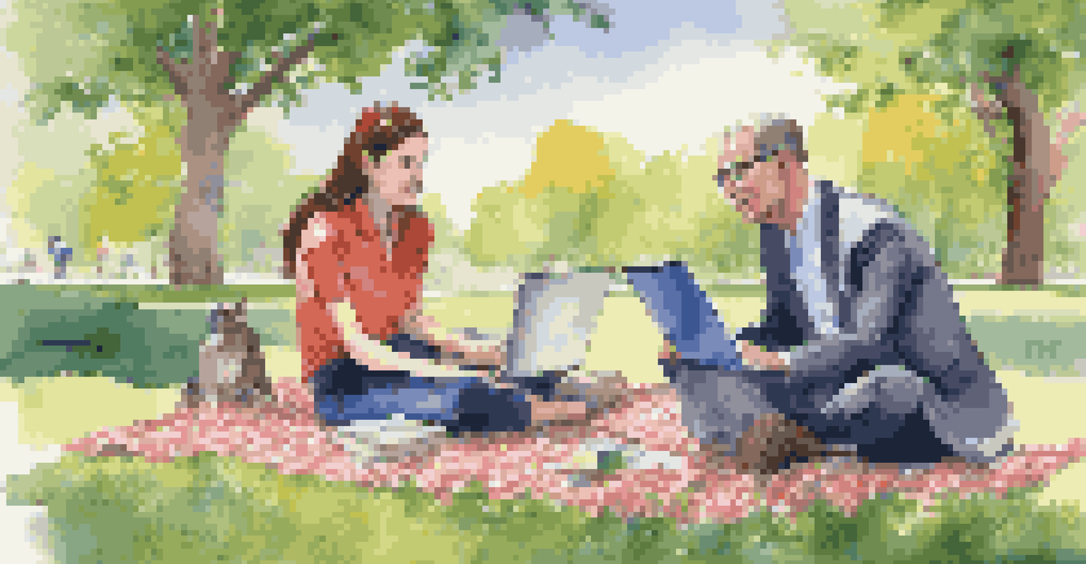 A mentor and mentee having a discussion outdoors in a park, surrounded by nature.
