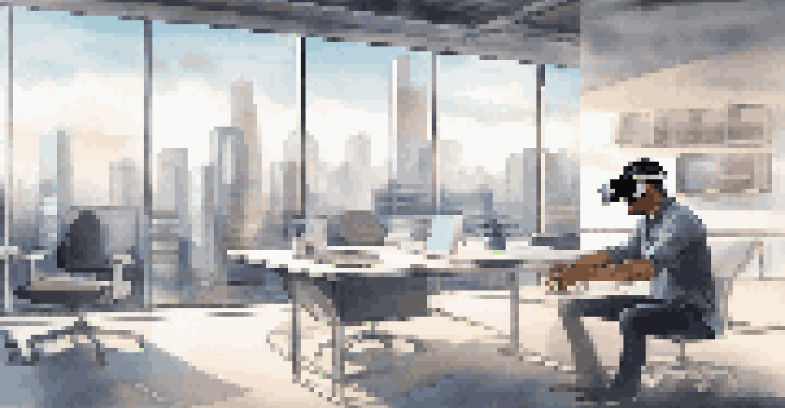 An employee engaged in virtual reality training in a modern office with a city view.