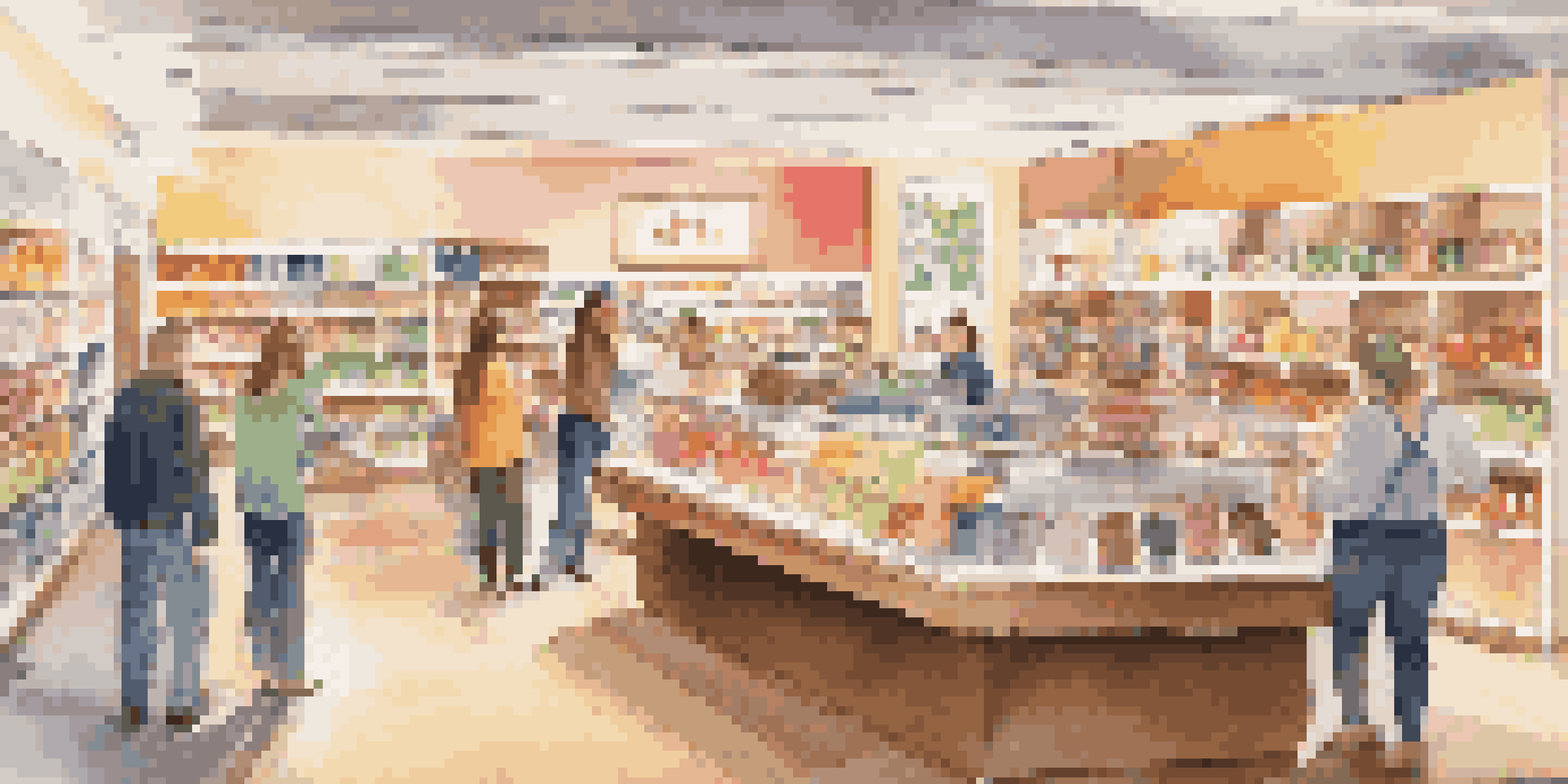 An inviting retail store with friendly employees helping diverse customers among colorful shelves under warm lighting.