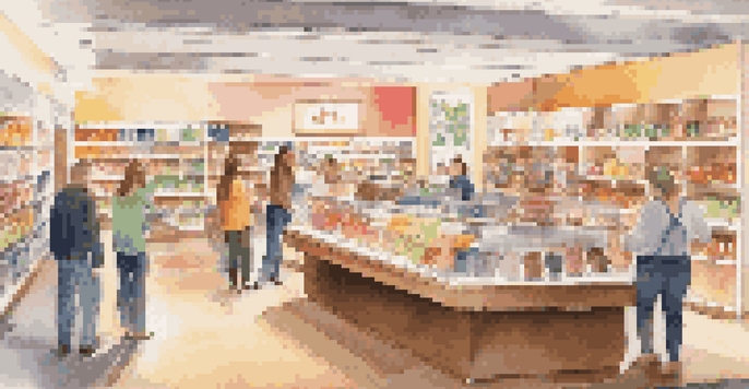 An inviting retail store with friendly employees helping diverse customers among colorful shelves under warm lighting.