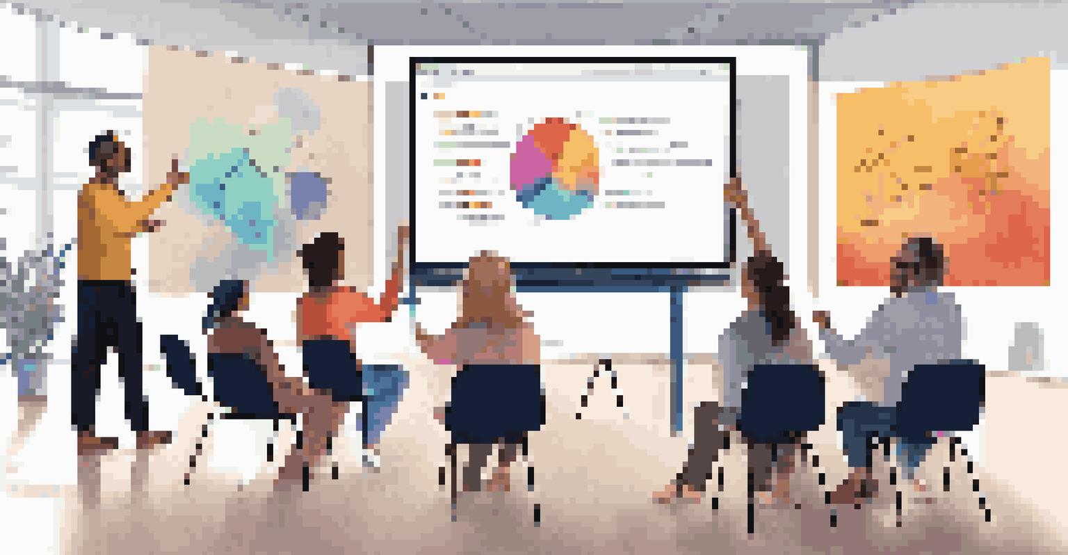 A facilitator presenting on a digital screen while participants engage in a lively discussion, surrounded by a bright and open workshop space.