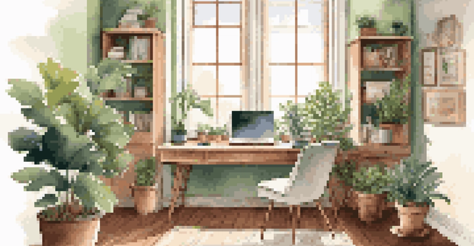 A cozy home office with a laptop on a desk, surrounded by plants and bathed in natural light.