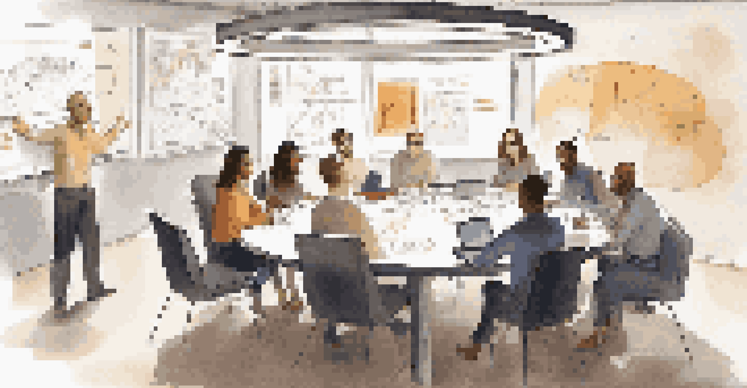 A group of individuals in a brainstorming session around a round table, with charts on the walls and warm lighting.