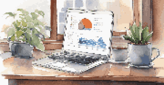 A modern office desk with a laptop, notebooks, a cup of coffee, and a potted plant, illuminated by soft natural light.