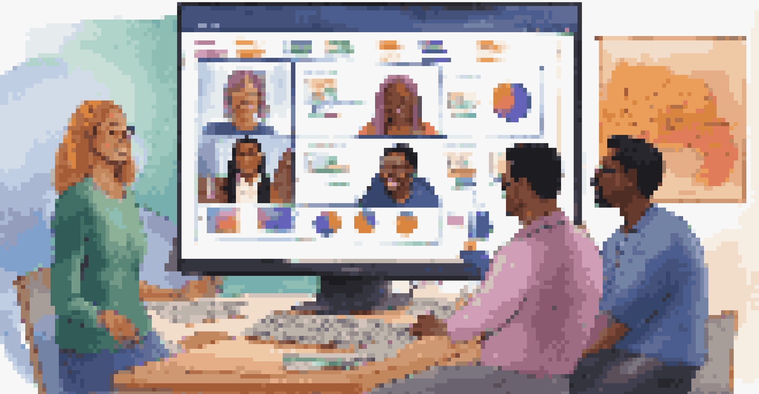 A virtual meeting with diverse individuals on a computer screen, showcasing collaboration with colorful charts and graphics.