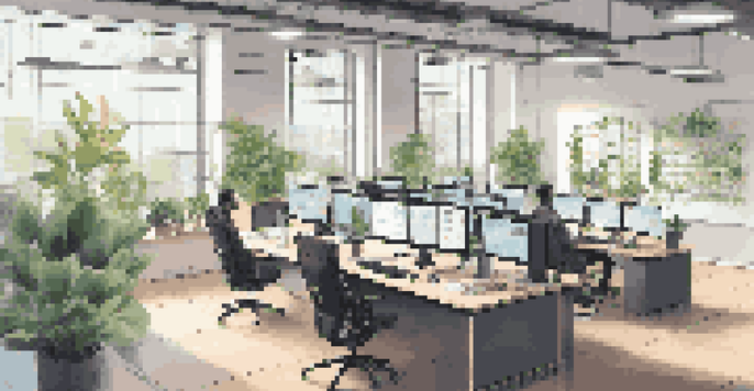 A bright e-commerce workspace with multiple computer monitors showing AI analytics and graphs, decorated with plants and motivational quotes.