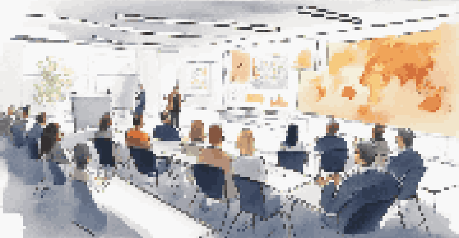A lively training session with a trainer presenting product features to an engaged sales team in a well-lit room.