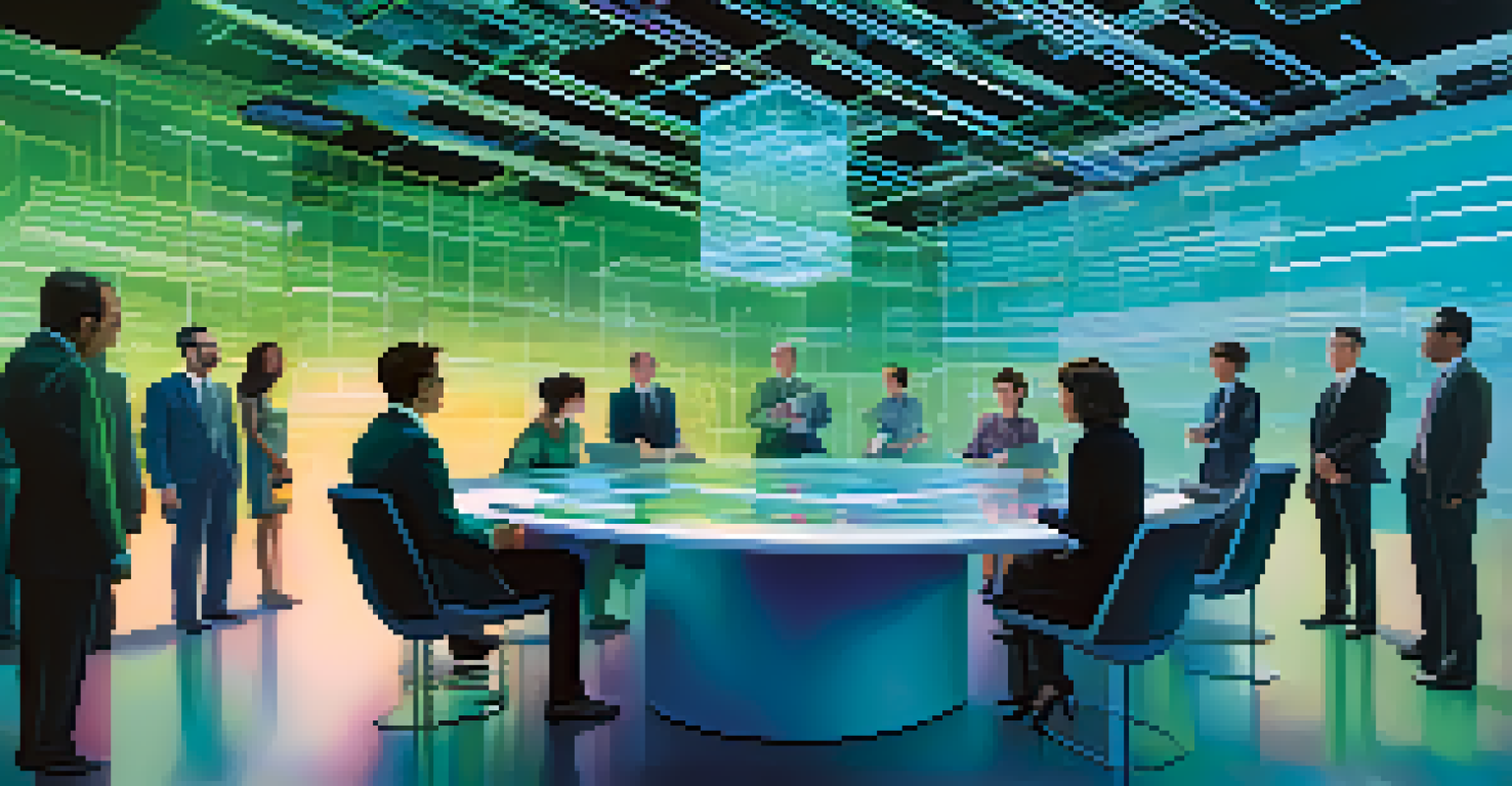 An abstract 3D representation of a virtual data room with holographic documents and stakeholders discussing.