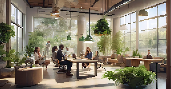 A diverse group of professionals in a modern office discussing ethical sourcing practices with eco-friendly materials and greenery.