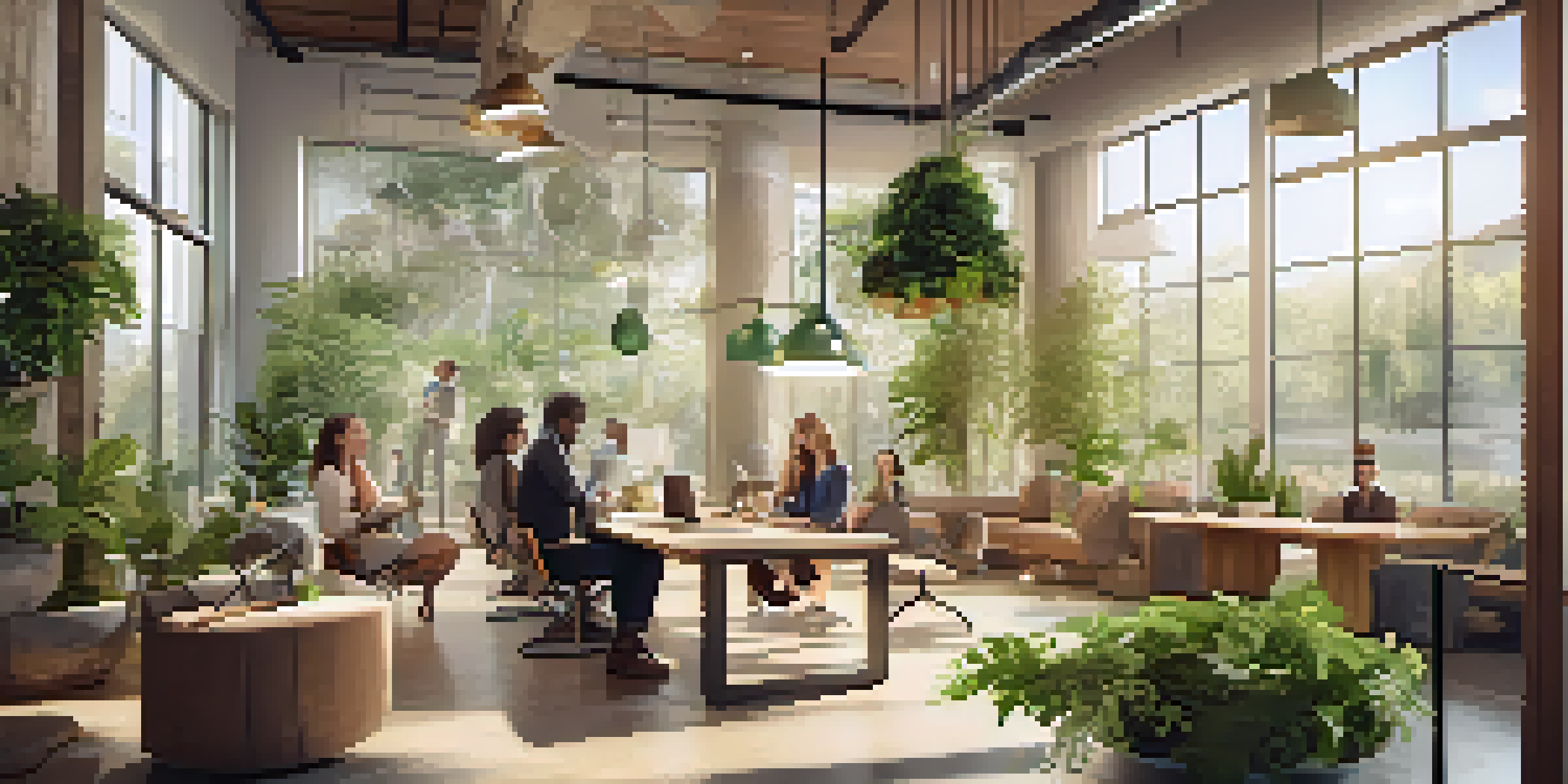 A diverse group of professionals in a modern office discussing ethical sourcing practices with eco-friendly materials and greenery.