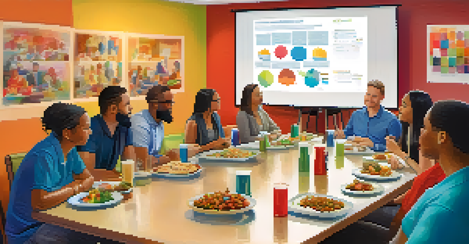 A group of diverse employees engaged in a lunch-and-learn session, sharing knowledge in a bright and welcoming environment.