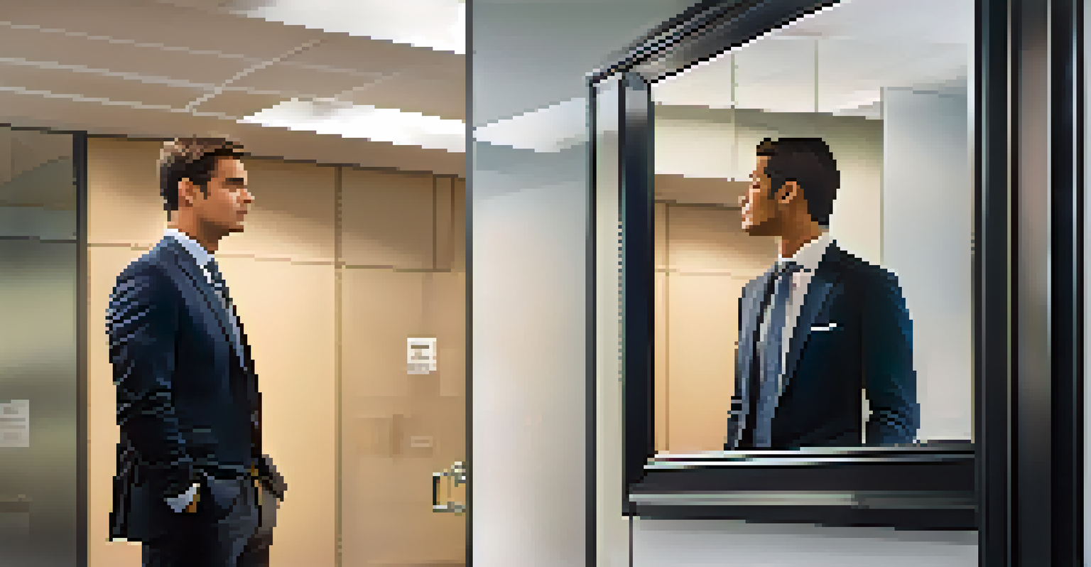An individual practicing an elevator pitch in front of a mirror in a modern office space, displaying confident body language.