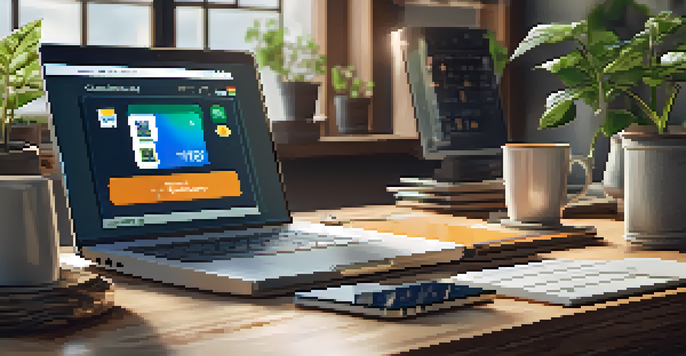 A bright workspace with a laptop showing digital payment options, surrounded by payment method icons, a potted plant, and a coffee cup.