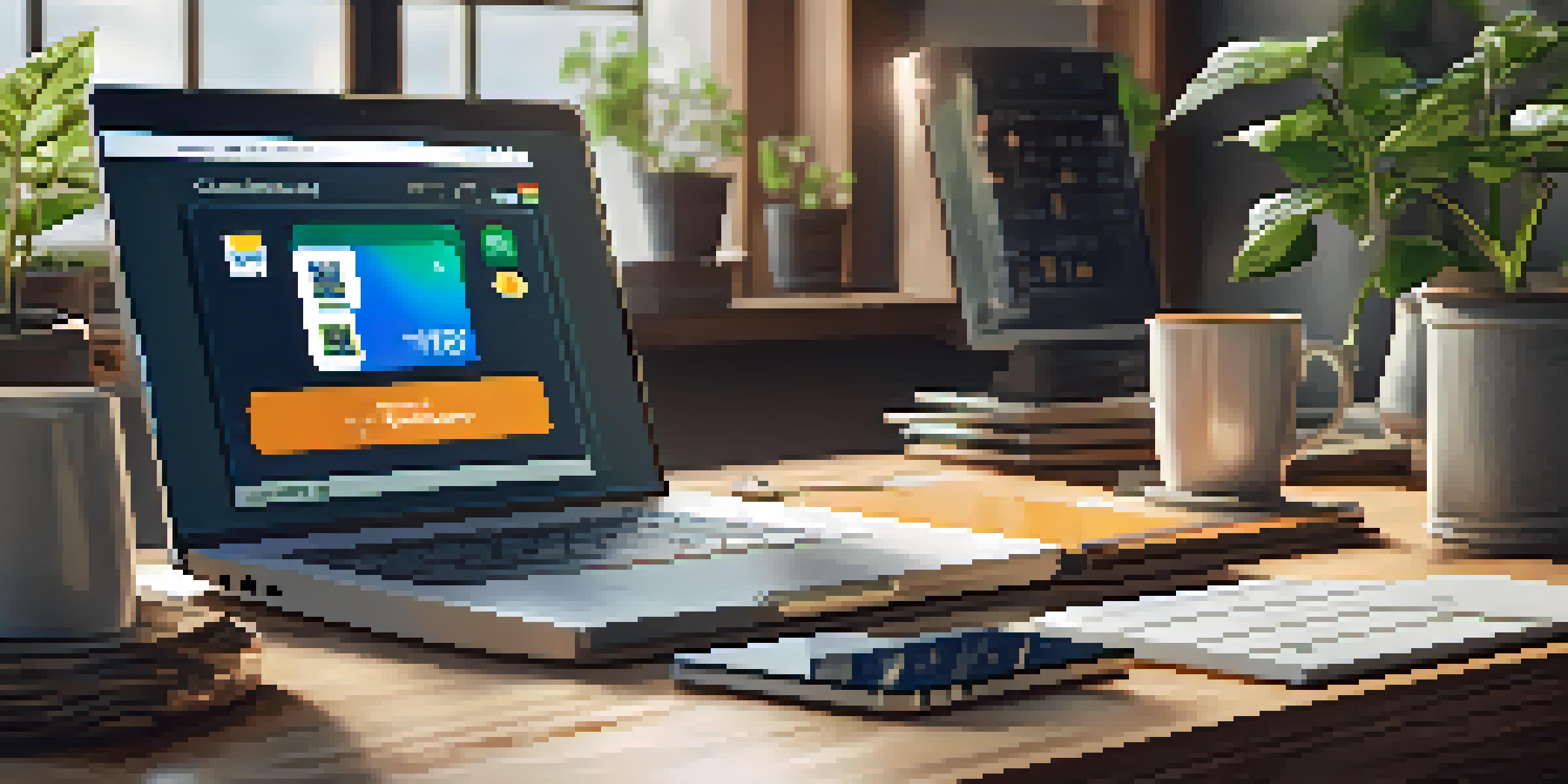 A bright workspace with a laptop showing digital payment options, surrounded by payment method icons, a potted plant, and a coffee cup.
