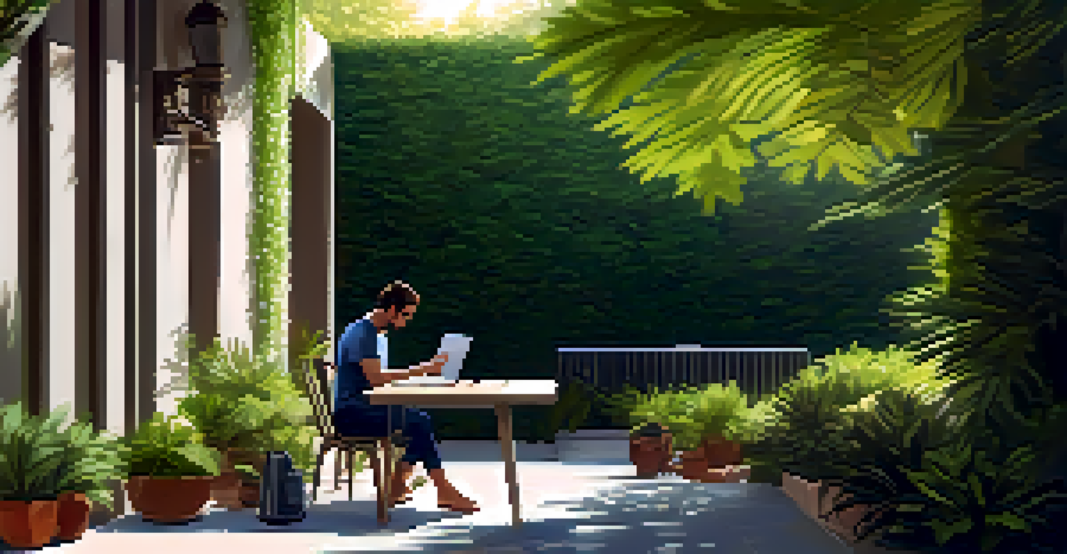 A person working on a laptop in a peaceful outdoor setting.