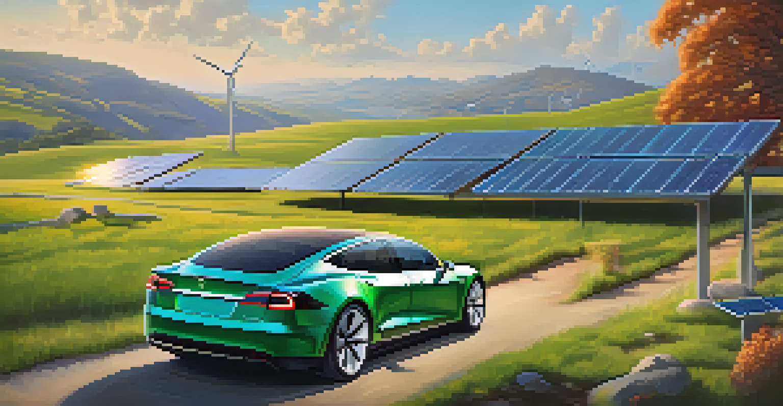 A peaceful landscape showing solar panels and an electric vehicle, representing a sustainable business ecosystem.
