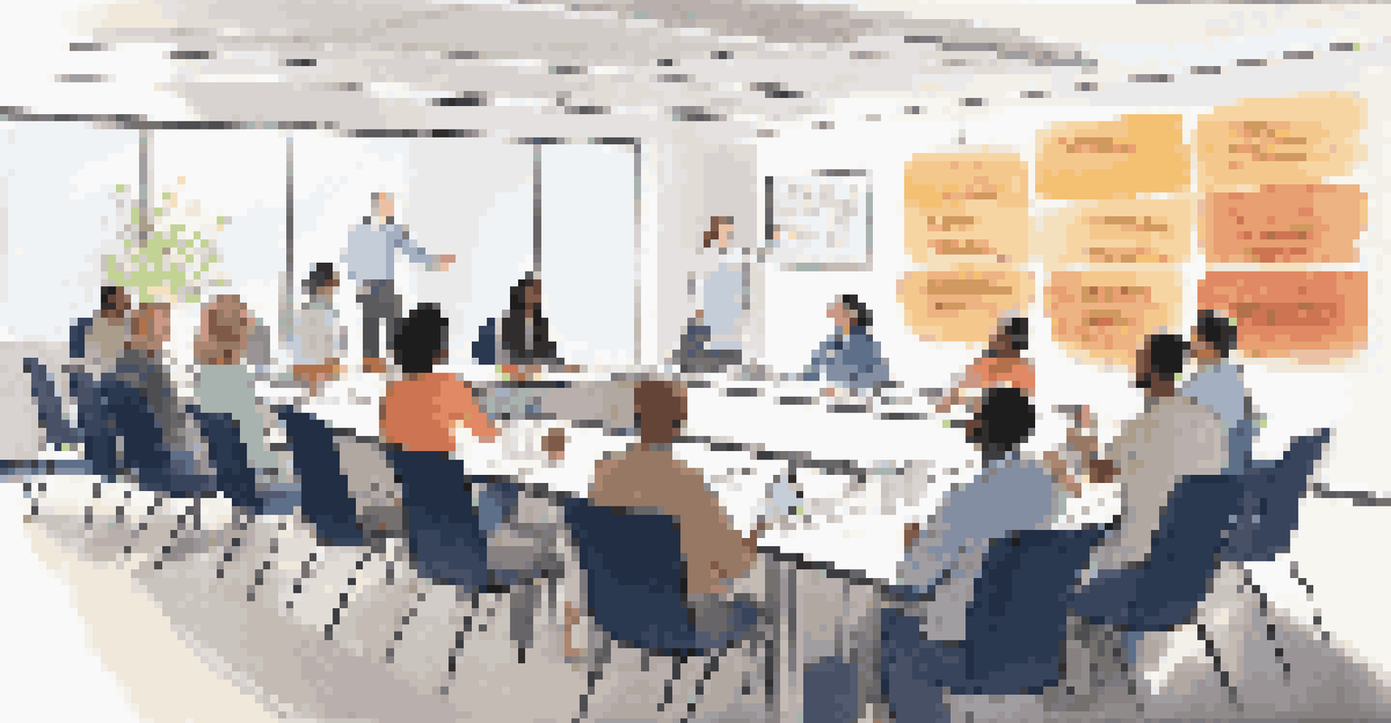 A training session in a conference room with employees seated in a semi-circle, listening to a trainer presenting customer service strategies.