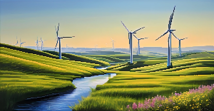 A peaceful scene of a wind farm with green hills and blooming wildflowers under a blue sky.