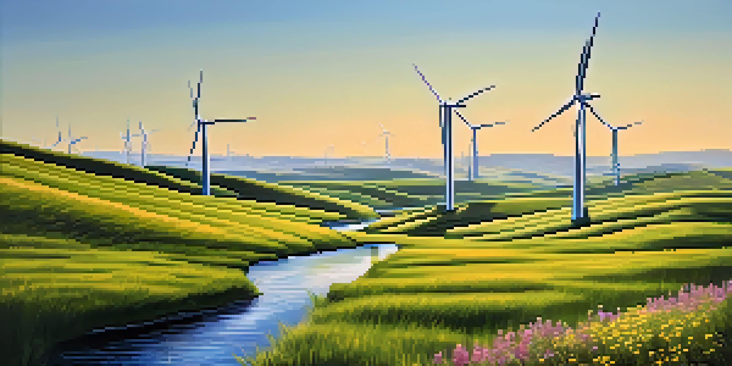 A peaceful scene of a wind farm with green hills and blooming wildflowers under a blue sky.