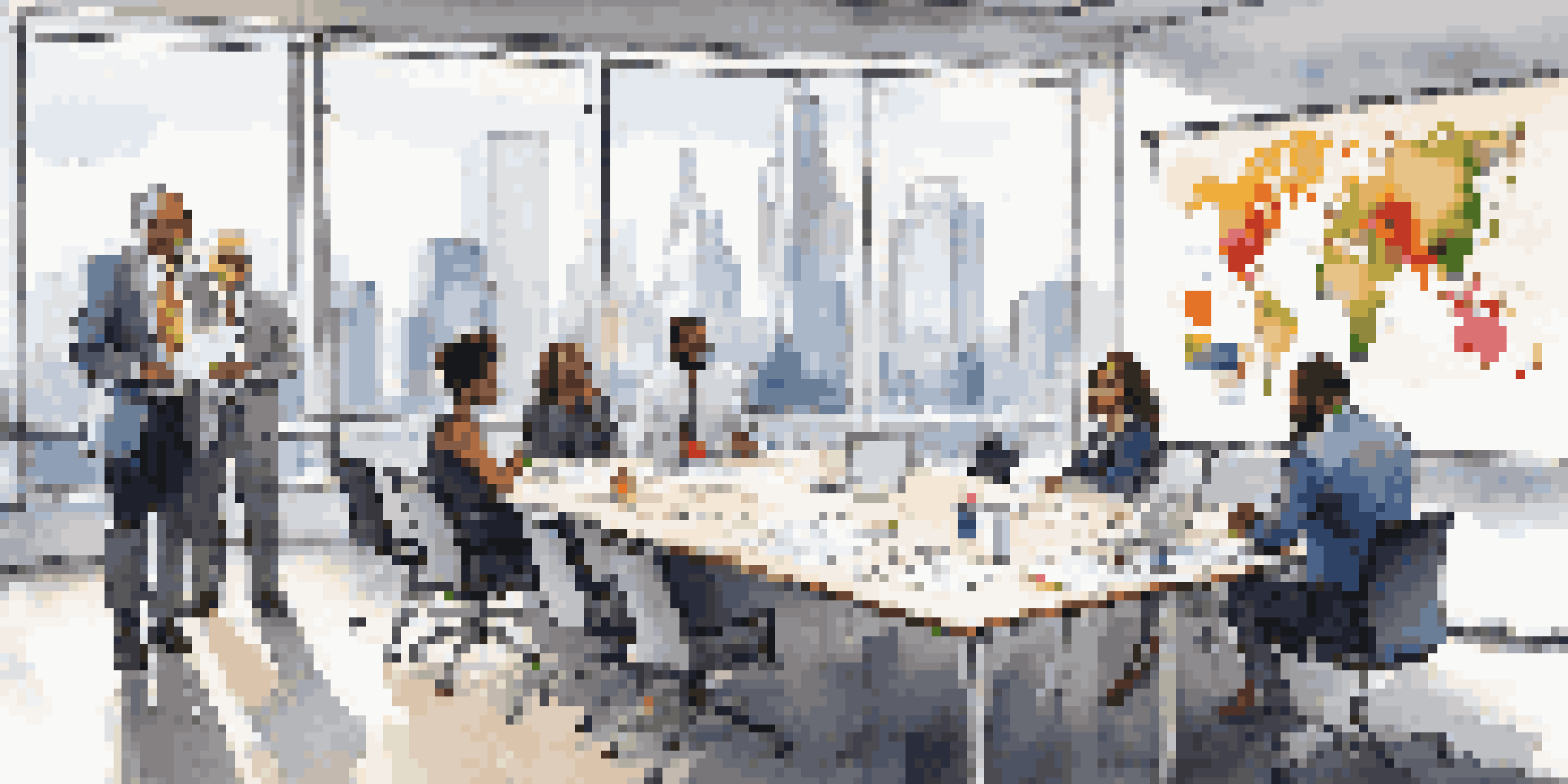 A diverse group of business professionals discussing ideas at a conference table with city skyline visible through the windows.