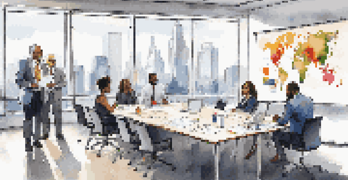 A diverse group of business professionals discussing ideas at a conference table with city skyline visible through the windows.