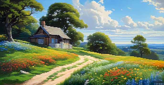 A picturesque countryside scene with green hills, a blue sky, and a wooden cottage surrounded by flowers.