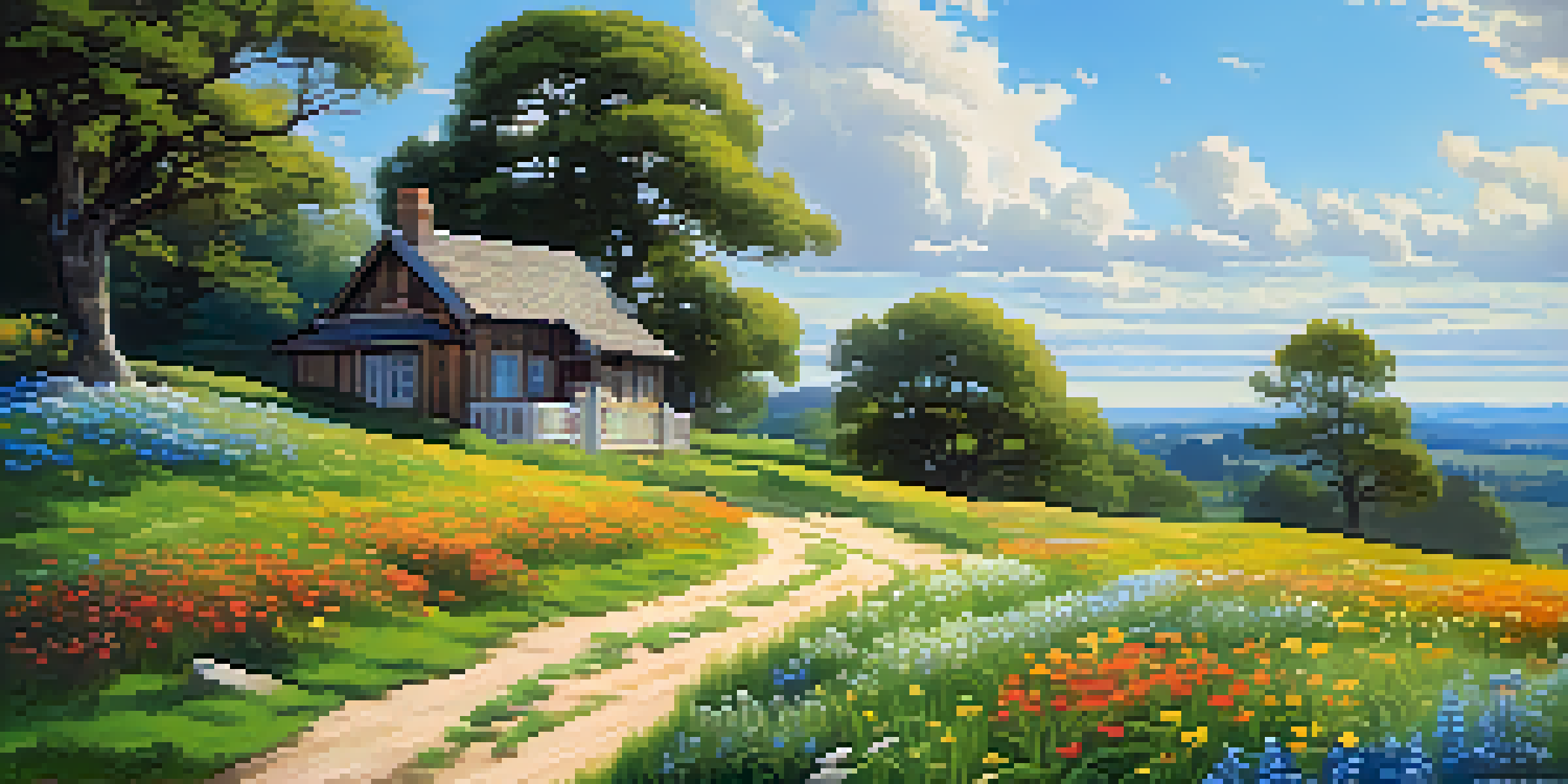 A picturesque countryside scene with green hills, a blue sky, and a wooden cottage surrounded by flowers.